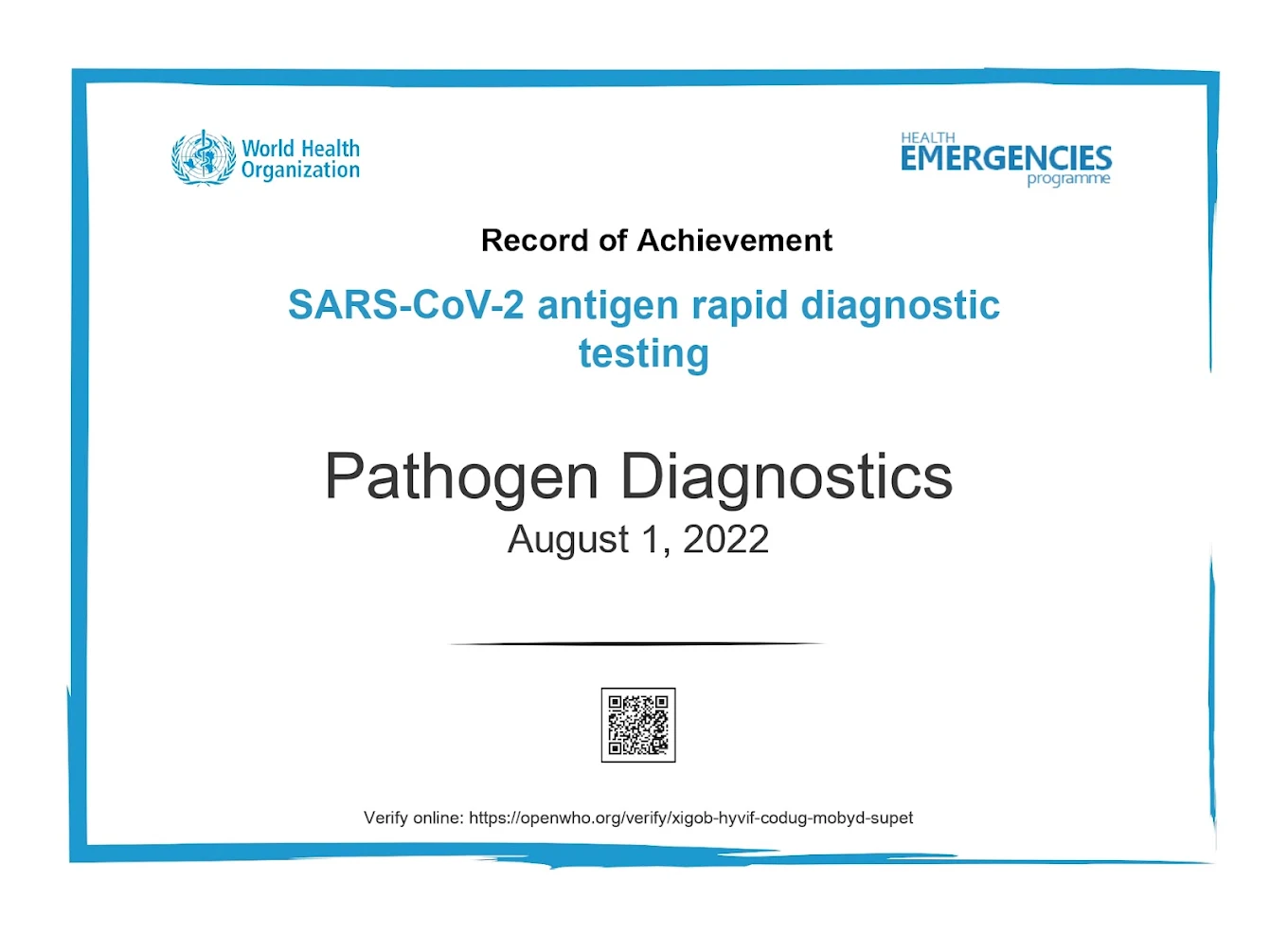 Training certificate image supplied for future certificate gallery verification